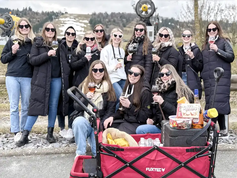 Gruppe von Frauen beim Junggesellenabschied auf einer Weinwanderung in Willingen im Sauerland mit Weingläsern.