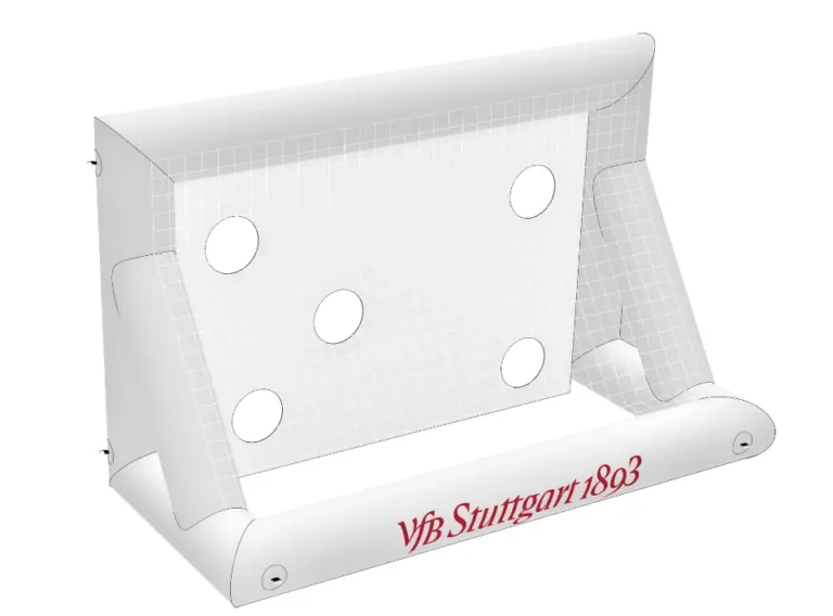 Rückseite einer aufblasbaren Torwand mit Ballfangnetz Produktionszeichnung der Rückseite einer aufblasbaren Torwand mit integriertem Ballfangnetz